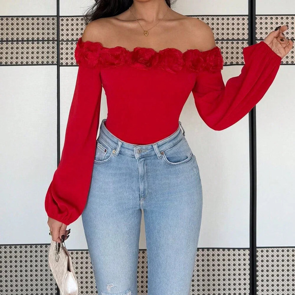 Red Casual Women's Elegant Fitted Off Shoulder Lantern Sleeve Blouse - Picture 5 of 6